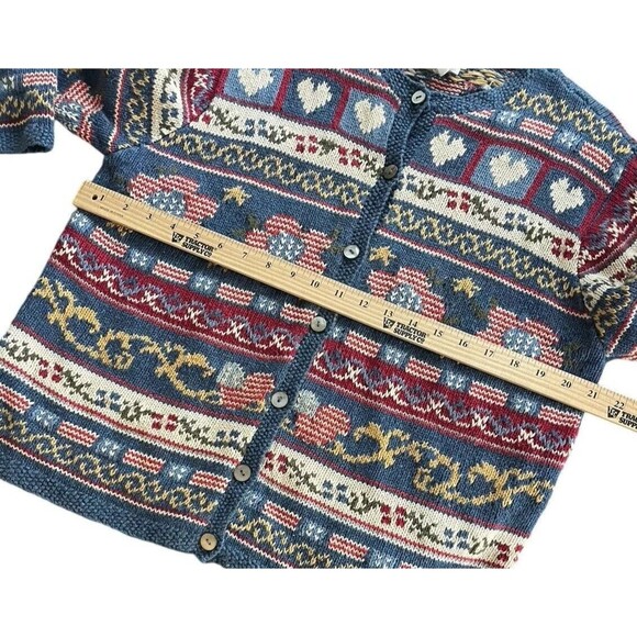 TALBOTS Hand Knit Patriotic Cardigan-Hearts & Flowers-MOP Buttons-Embroidered-PL - Picture 12 of 13